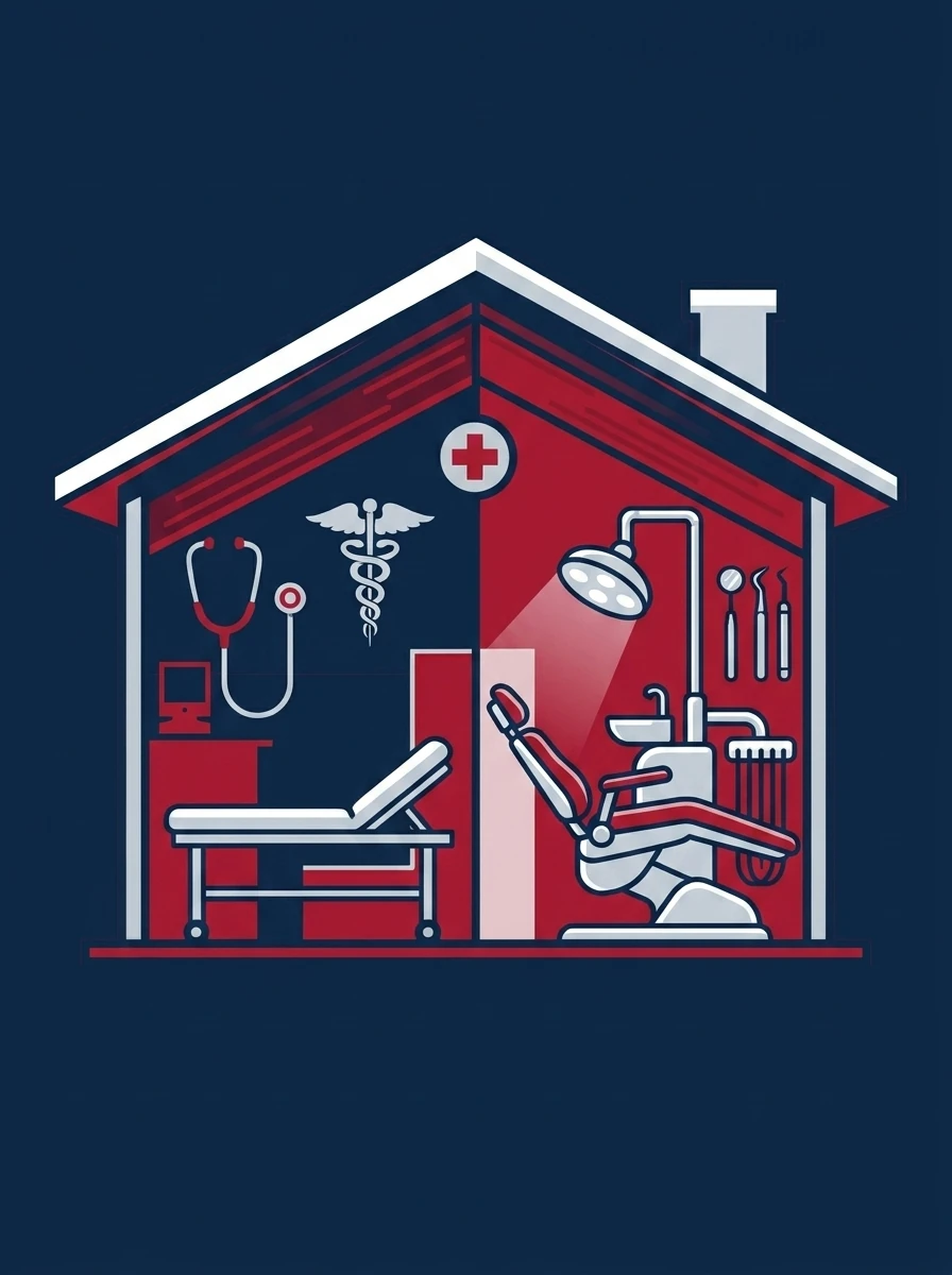 Illustration of Arif Medical & Dental Complex — medical consultation room and dental treatment chair, complete care under one roof